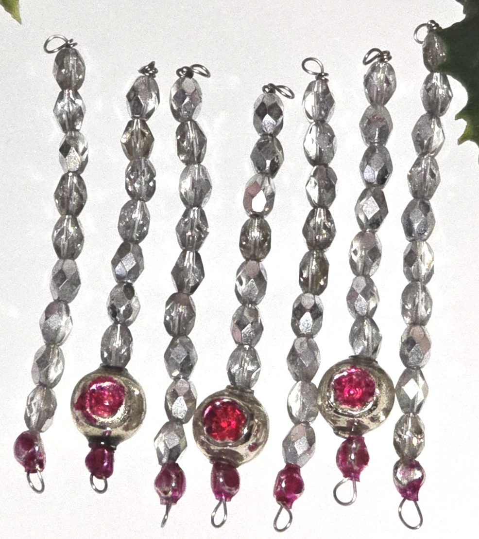 Vtg Christmas Ornament 7 Facet Bead Icicles Czech Mercury Glass Pink Indents G2