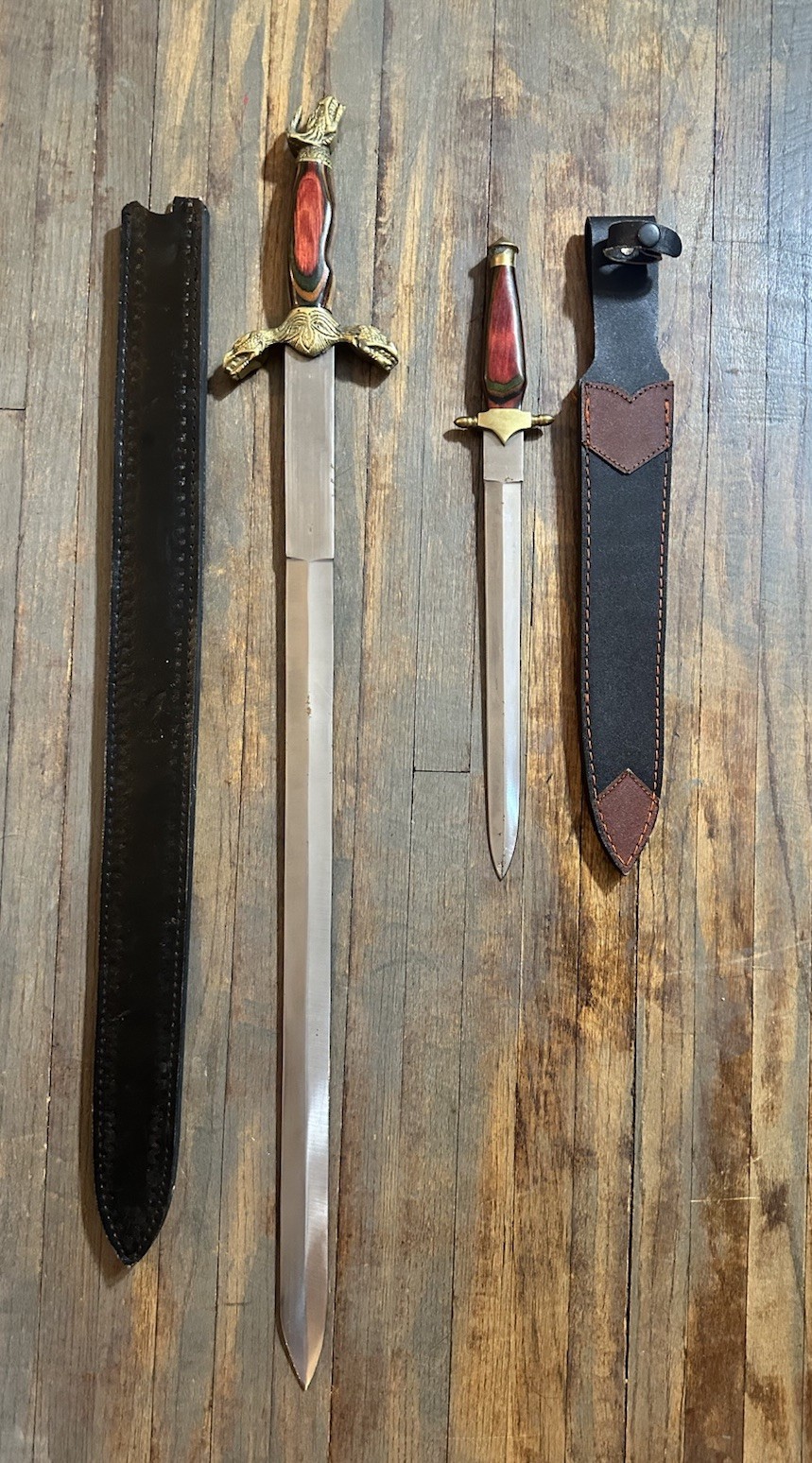 Vtg Ornate Griffin Brass Wood Handle Long And Small Sword Leather Sheath Lot Vtg Ornate Griffin Brass Wood Handle Long And Small Sword Leather Sheath Lot