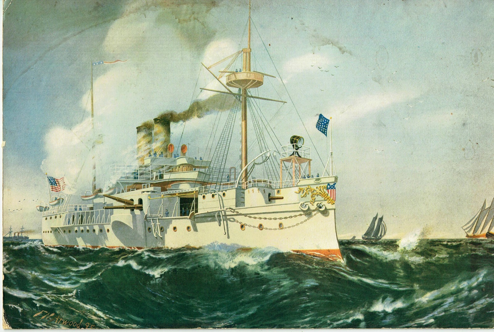  VINTAGE ORIGINAL 1895 COLOR LITHOGRAPH PRINT + U.S.S. MAINE + BY F.N. ATWOOD