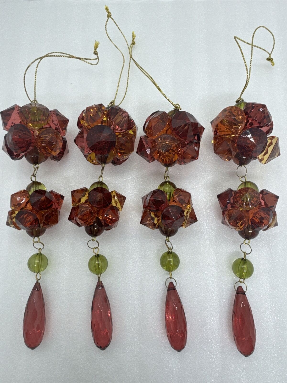 Set Of 4 VINTAGE Red/Orange/Green 4 Tier LUCITE Jeweled DANGLE ORNAMENTS 7”L