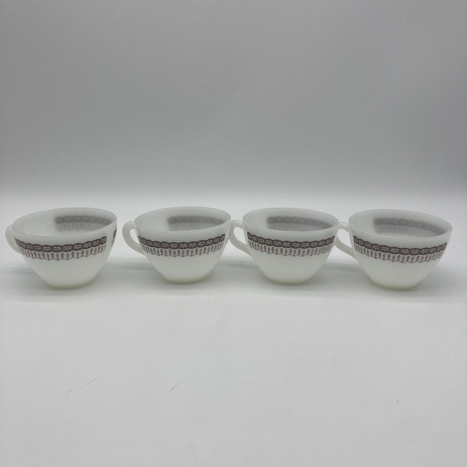 Vintage Termocrisa Milk Glass Coffee Cups Brown Floral Leaf Lace Pattern Set 4