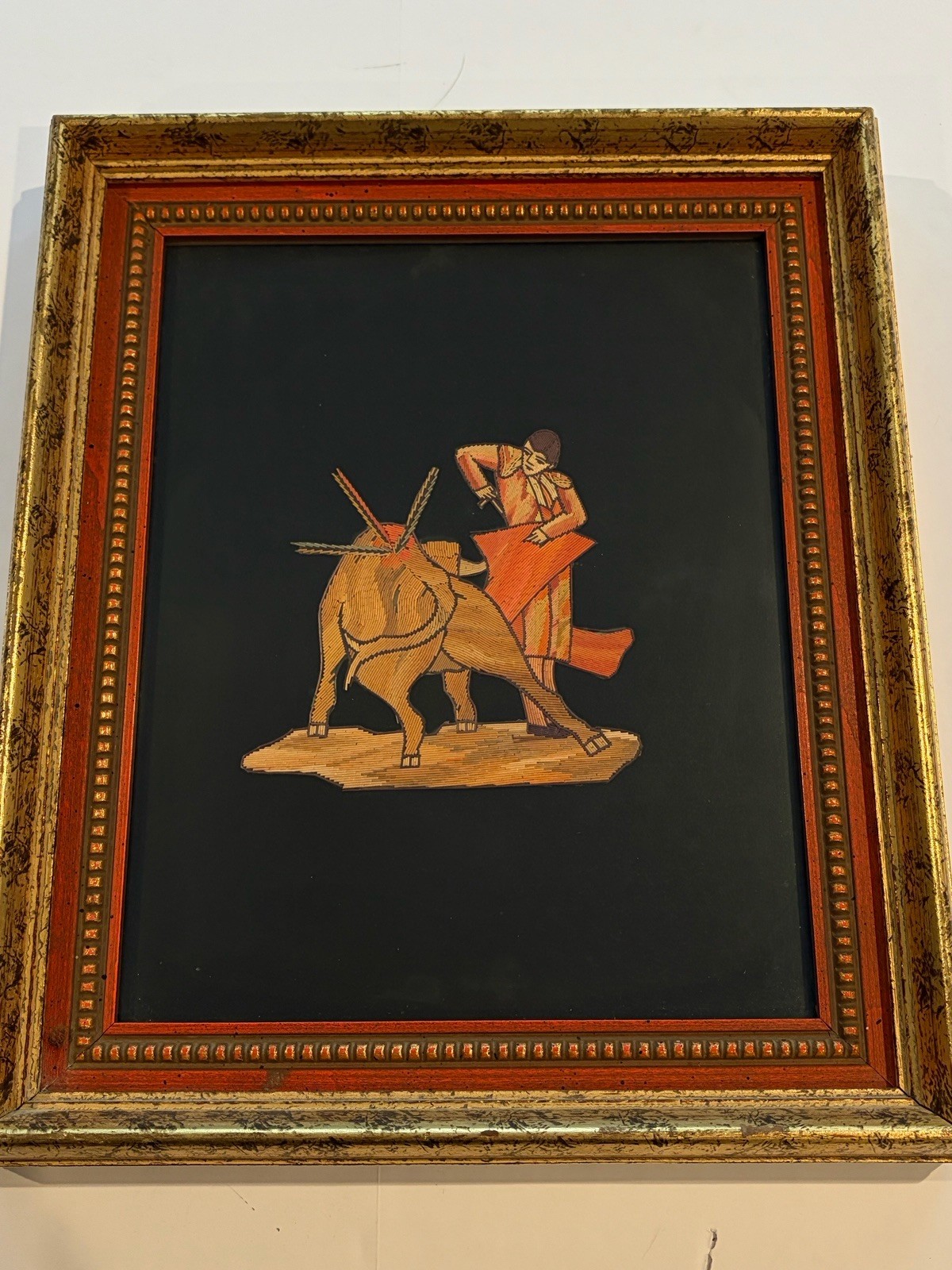 Vintage Bullfighter Art Intricate Wood Mosaic Classic Corrida Matador & Bull 