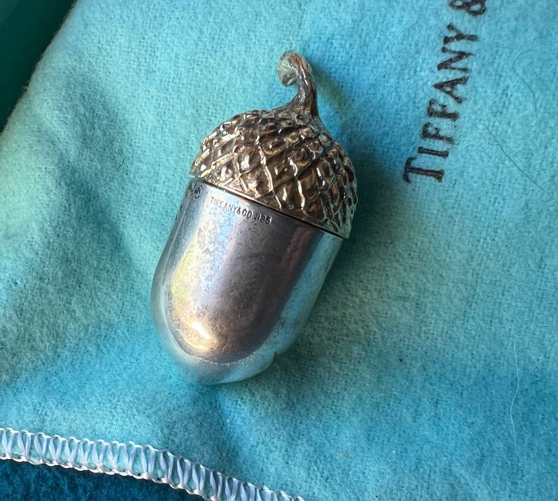 Vintage TIFFANY & Co. Sterling Acorn Pill Box Case with Gilt Top And InteriorP33