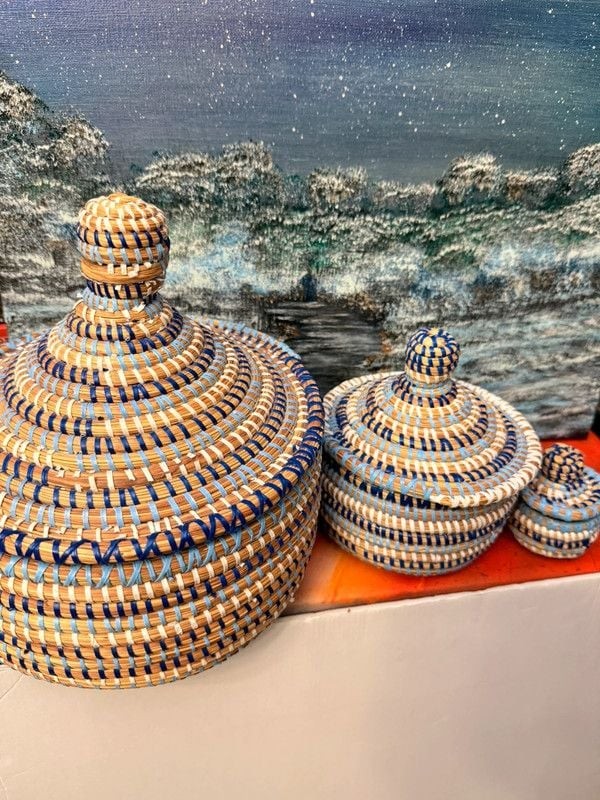 Set of 3 Coiled Hand-Woven Lidded Baskets - West African Senegal Style Nesting