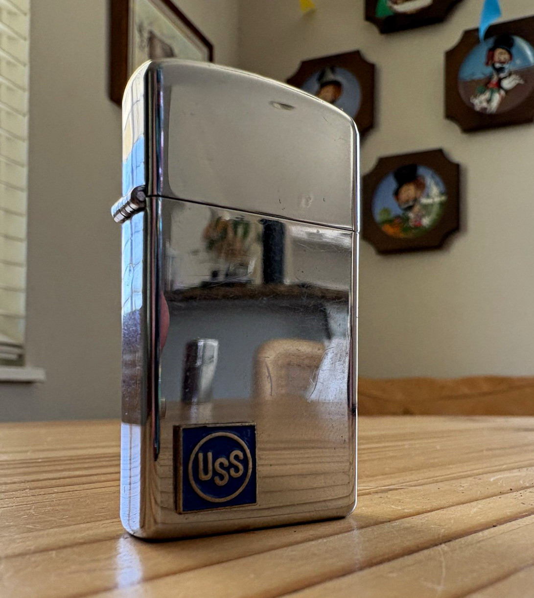 Vintage Pre 1965 USS Zippo Slim Chrome table lighter* Flip-top