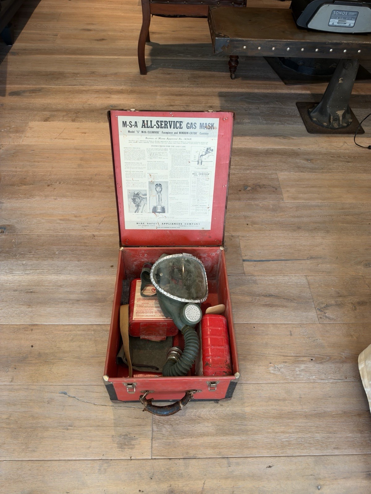 Vintage MSA All-Service Gas Mask with Original Red Metal Carrying Case