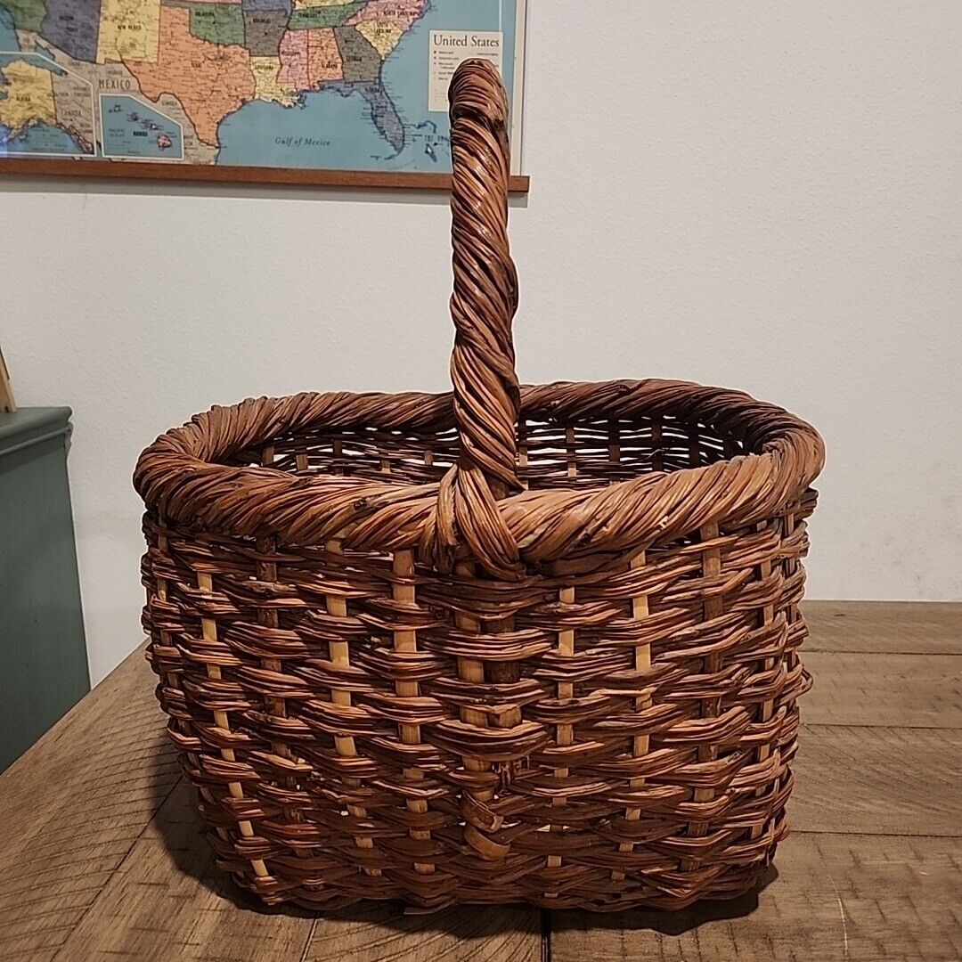 Large hand woven Wicker basket Vintage, Gathering Basket Approximately 15\