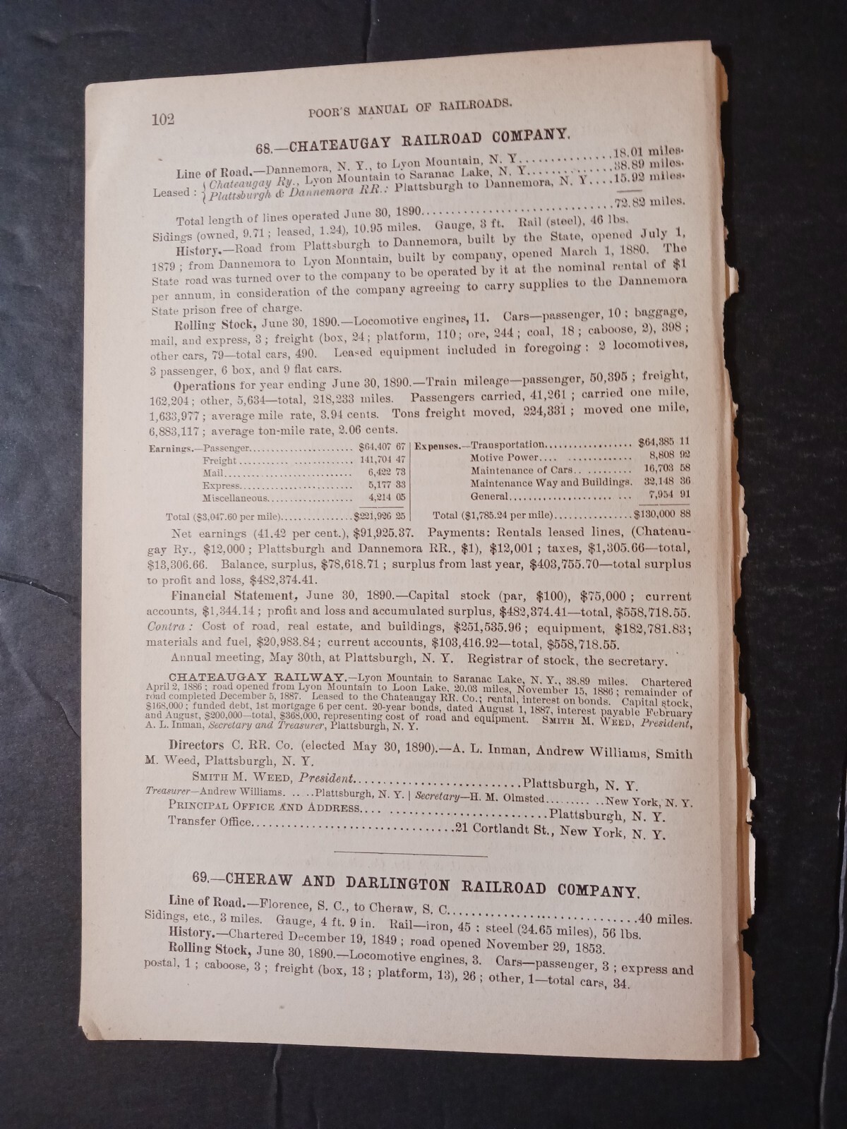 1891 train report CHATEAUGAY RAILROAD Lyon Mountain Dannemora NY Plattsburgh