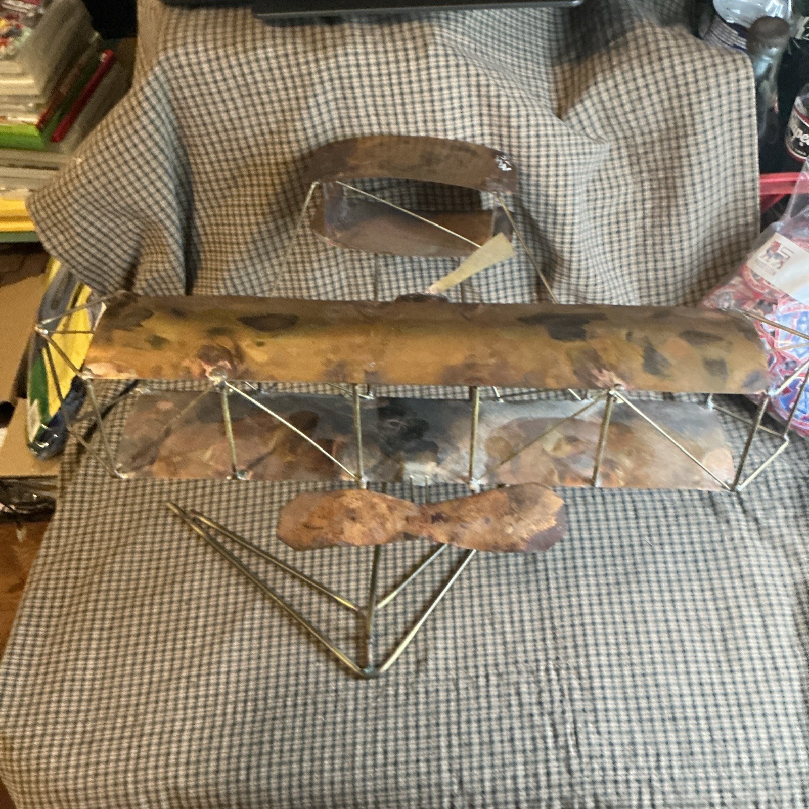 Vintage Handmade Metal Wright Flyer Airplane Sculpture Folk Art Aviation Decor