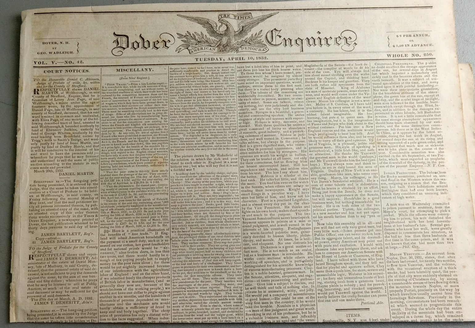 RARE 1832 Pre Civil War Whig Newspaper DOVER ENQUIRER Henry Clay Campaign Ballot