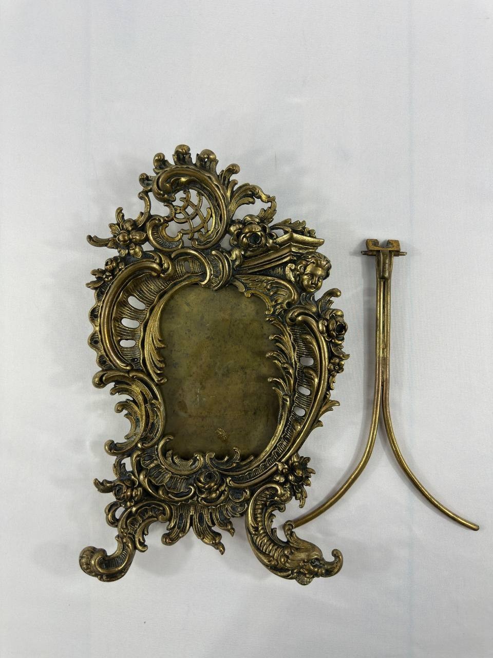 Antique French Gilt Bronze Cherub Rococo Tabletop Photo Frame Easel Back