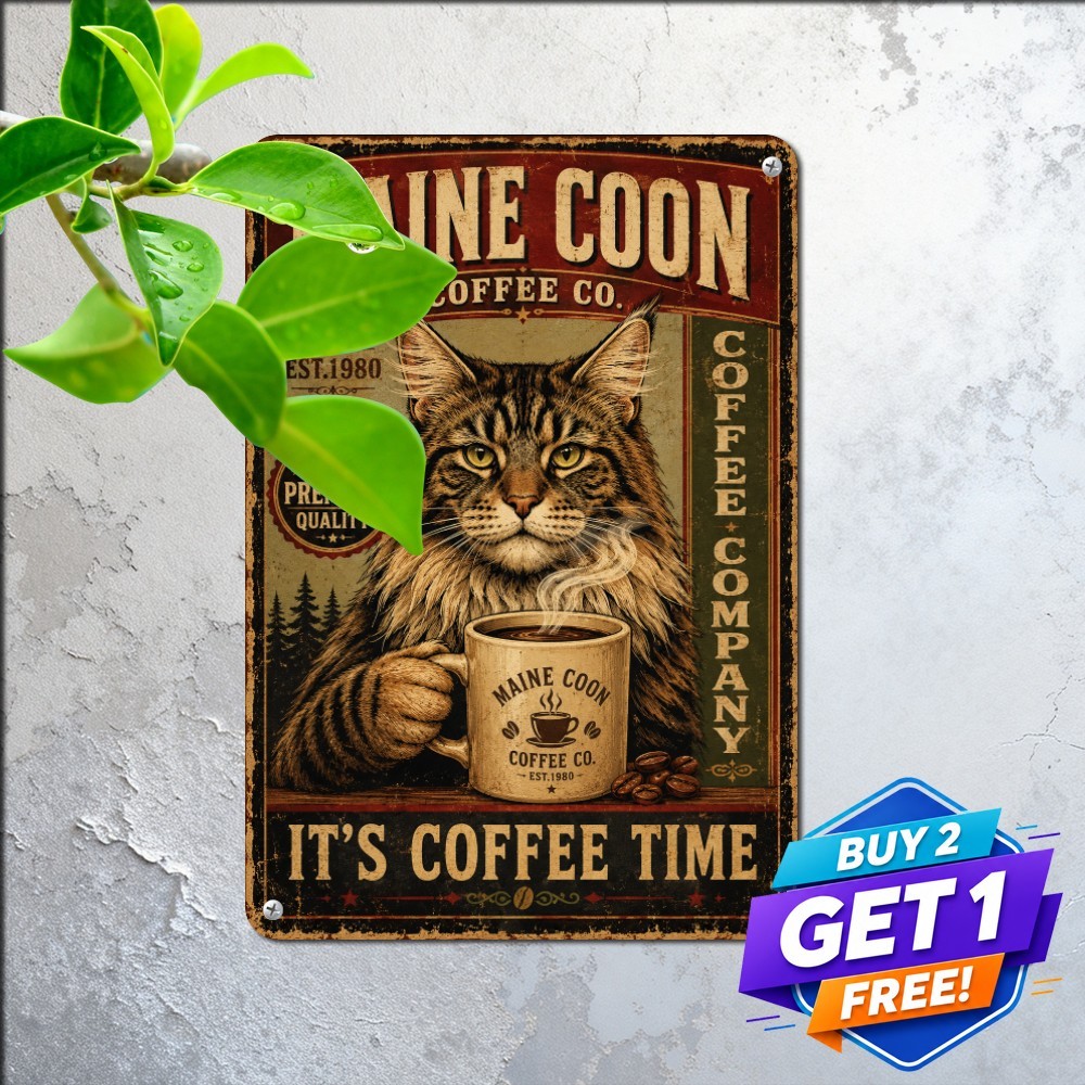 Funny Maine Coon Cat Sign Vintage Fluffy Pet Lover Home Metal Tin Plaque 8x12