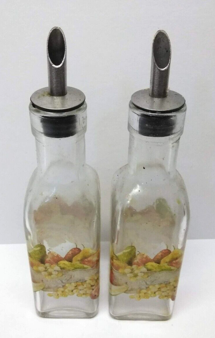 Glass Oil Vinegar Dispenser Bottles Cruet Pears in a Basket Theme - Letter V