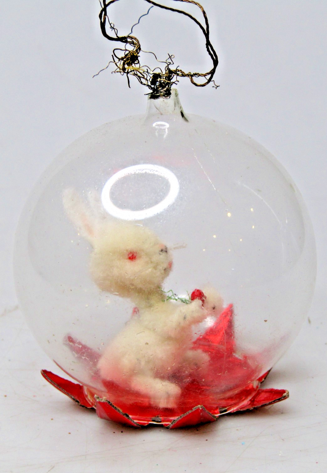 Vintage Clear Glass Diorama BABY BUNNY Rabbit Ball Christmas Ornament Germany