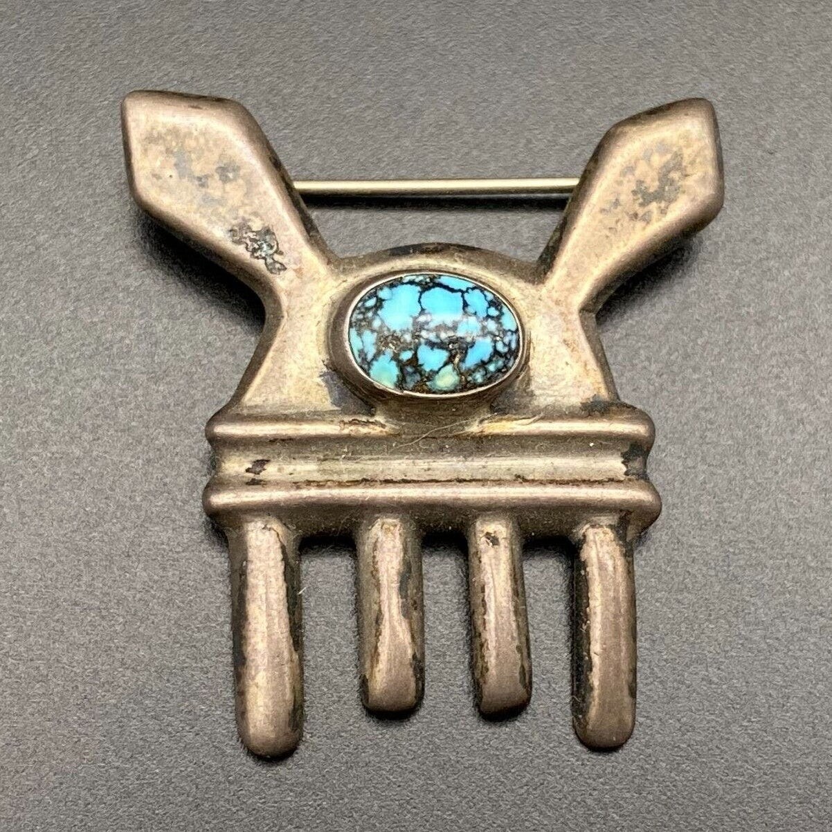 Petite Vintage Navajo Thunder Raincloud Turquoise Sandcast Silver Brooch Pin