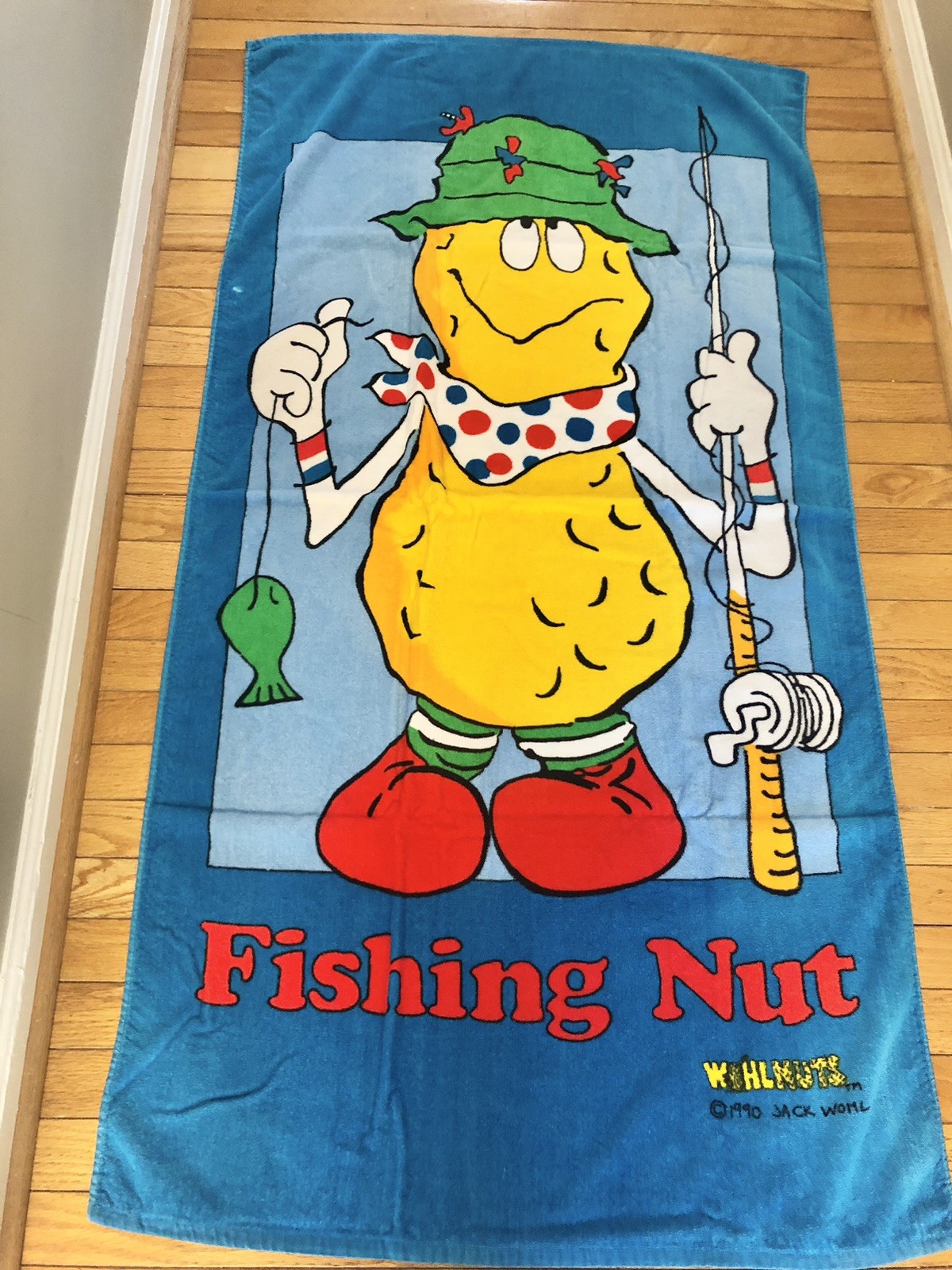A 1990 Jay Franco Fishing Nut Beach Towel Jack Wohl Wohlnuts Design 30”x57”