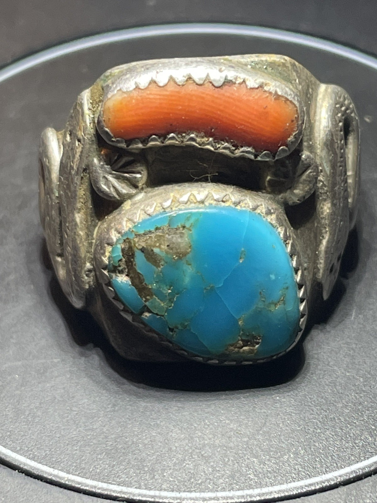 Vtg Navajo Sterling Silver Double Snake Ring Turquoise Coral Heavy 16.6g AS IS Vtg Navajo Sterling Silver Double Snake Ring Turquoise Coral Heavy 16.6g AS IS