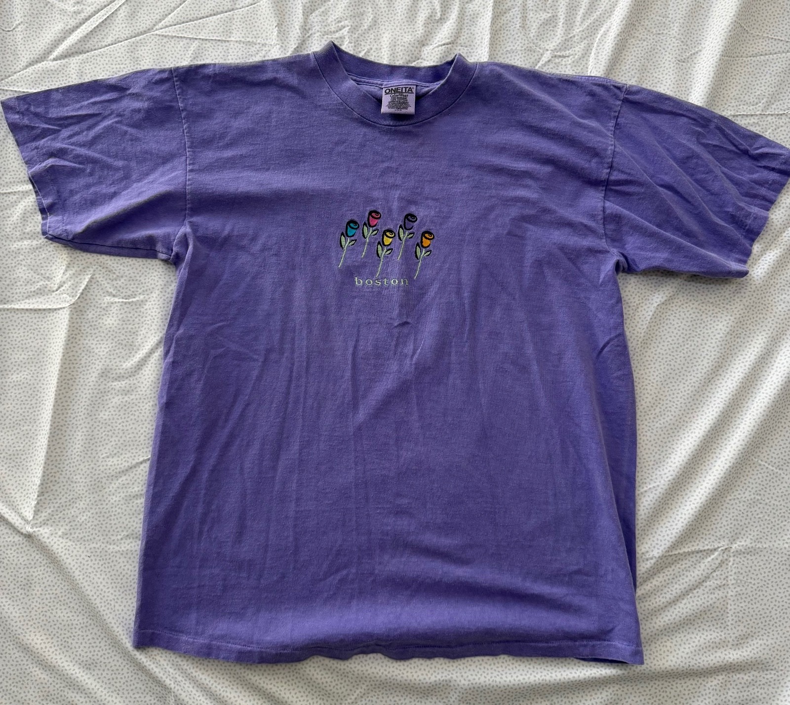Vintage 90s Oneita Boston Embroidered Floral T Shirt Large Purple Single Stitch