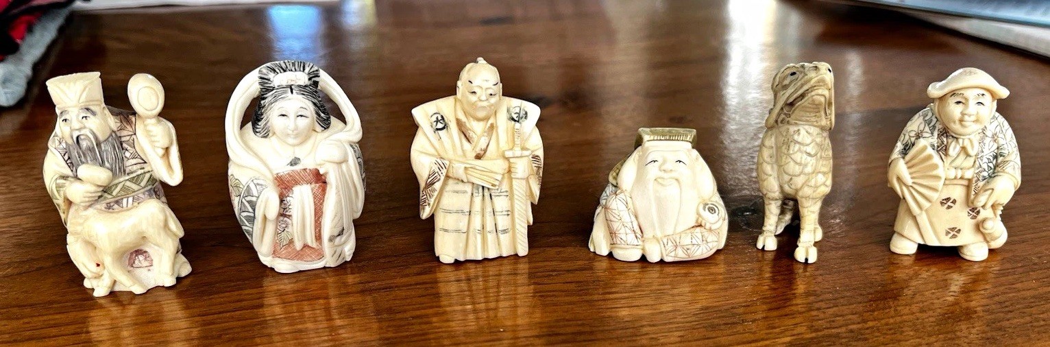 Lot of 6 Antique & Vintage Japanese Carved Netsuke Figurines All Signed
