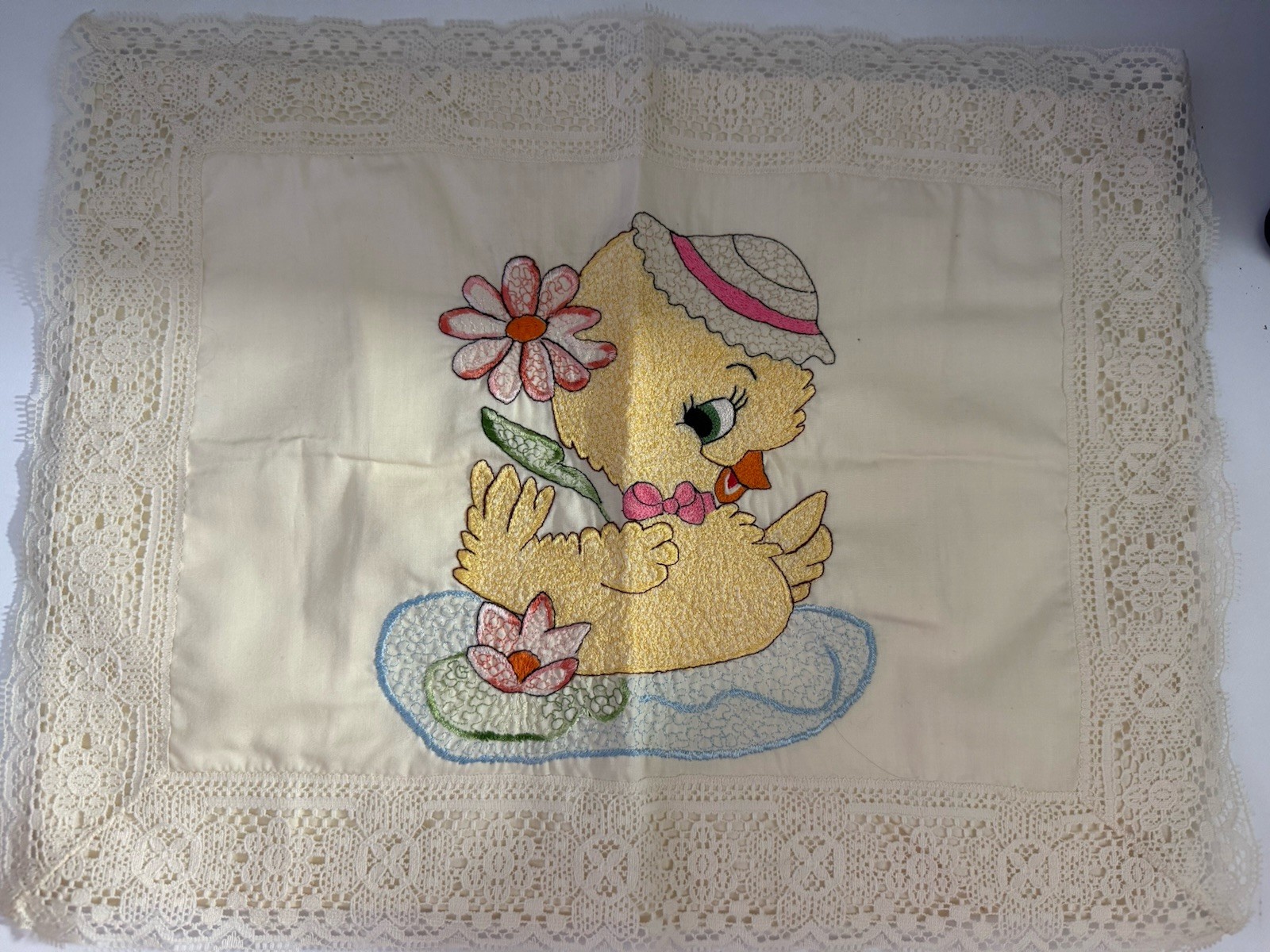 Vintage Baby Pillow Sham Embroidered Chick Floral Lace Nursery Decor 13x17