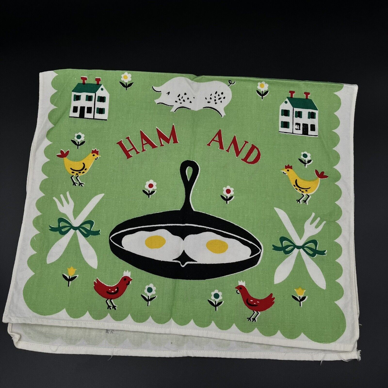 Vintage Retro Ham & Eggs Cotton Tea Towel Farm Life Pig Rooster