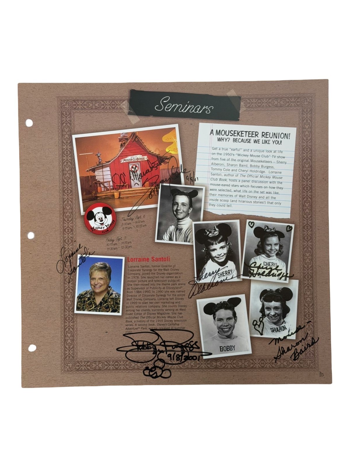 Disneyana Convention Signed Program Page – Mouseketeers Reunion Autographs, 2001