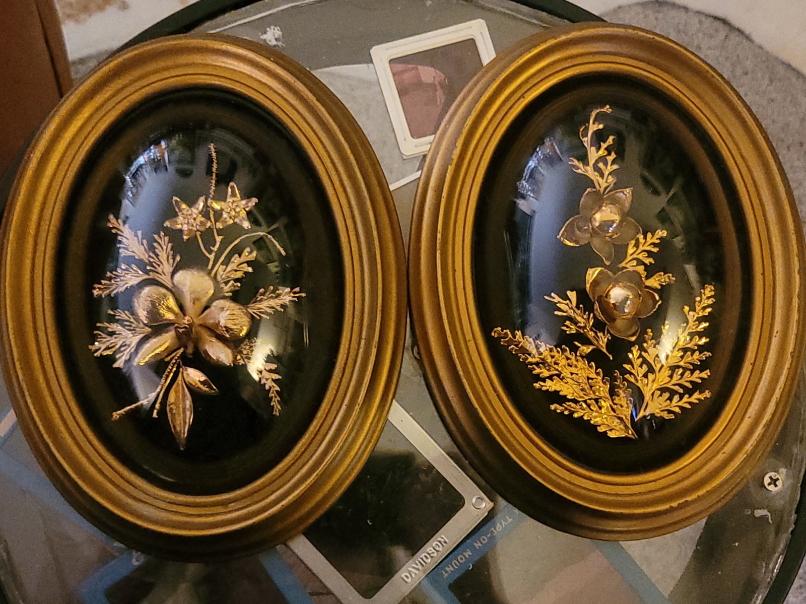 Vtg Saburo Maui Hawaii 24K Gold Dipped Real Orchid Woodrose Art Set Pair 8.5