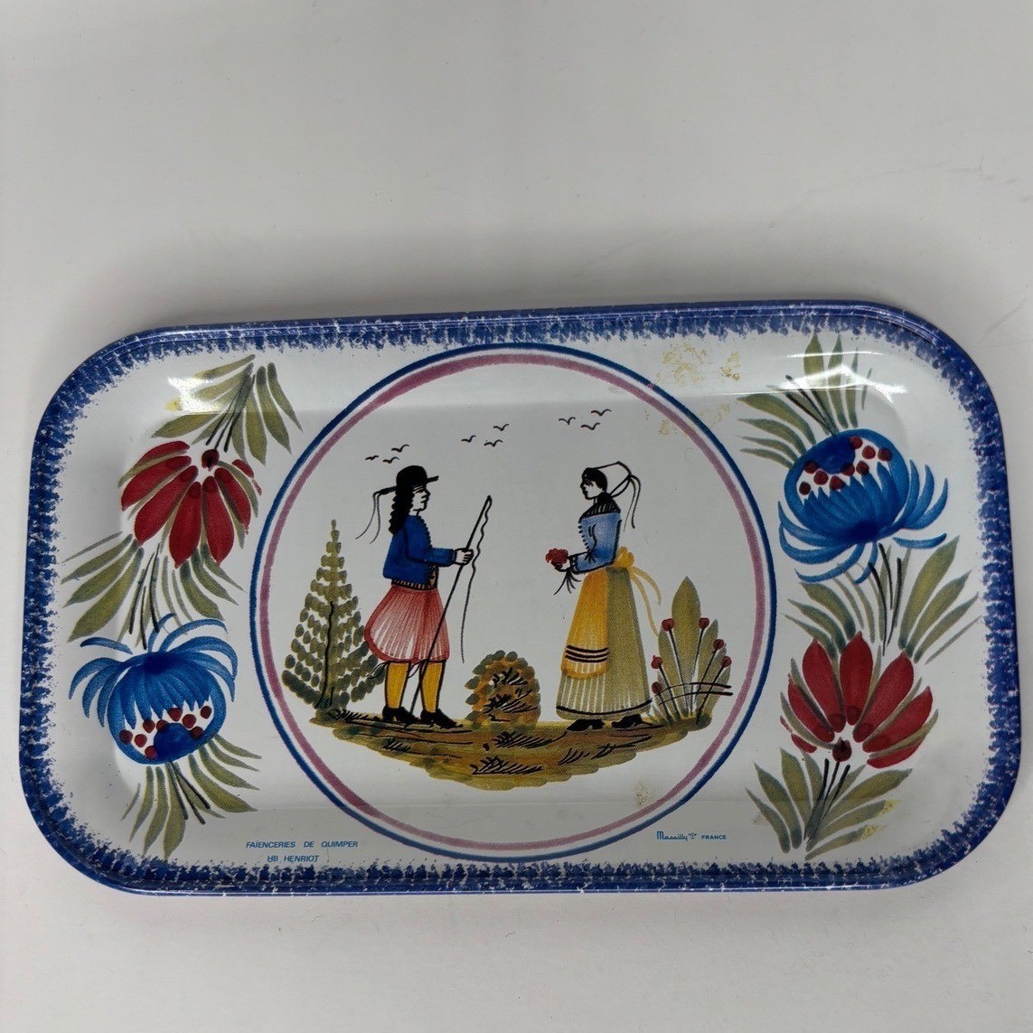 HB Henriot Quimper Small Tin Tray White Breton Folk Art Massilly France 7 inch