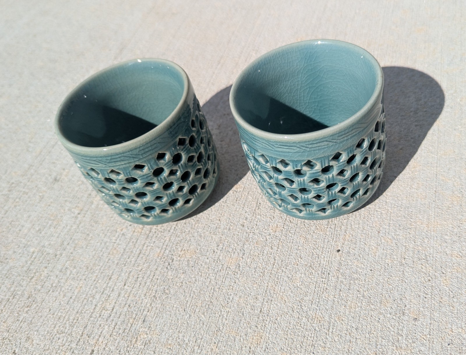 Korean Celadon reticulated double wall basket weave Cup Vase 3.25”H Signed