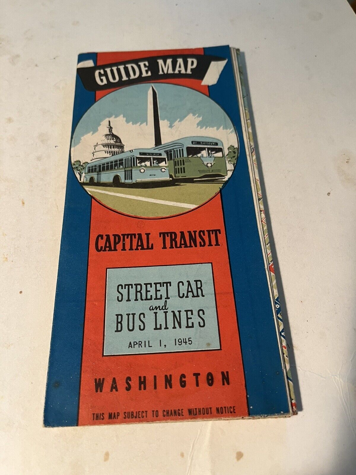 1946 WASHINGTON DC Guide Map Capital Transit Street Car & Bus Lines