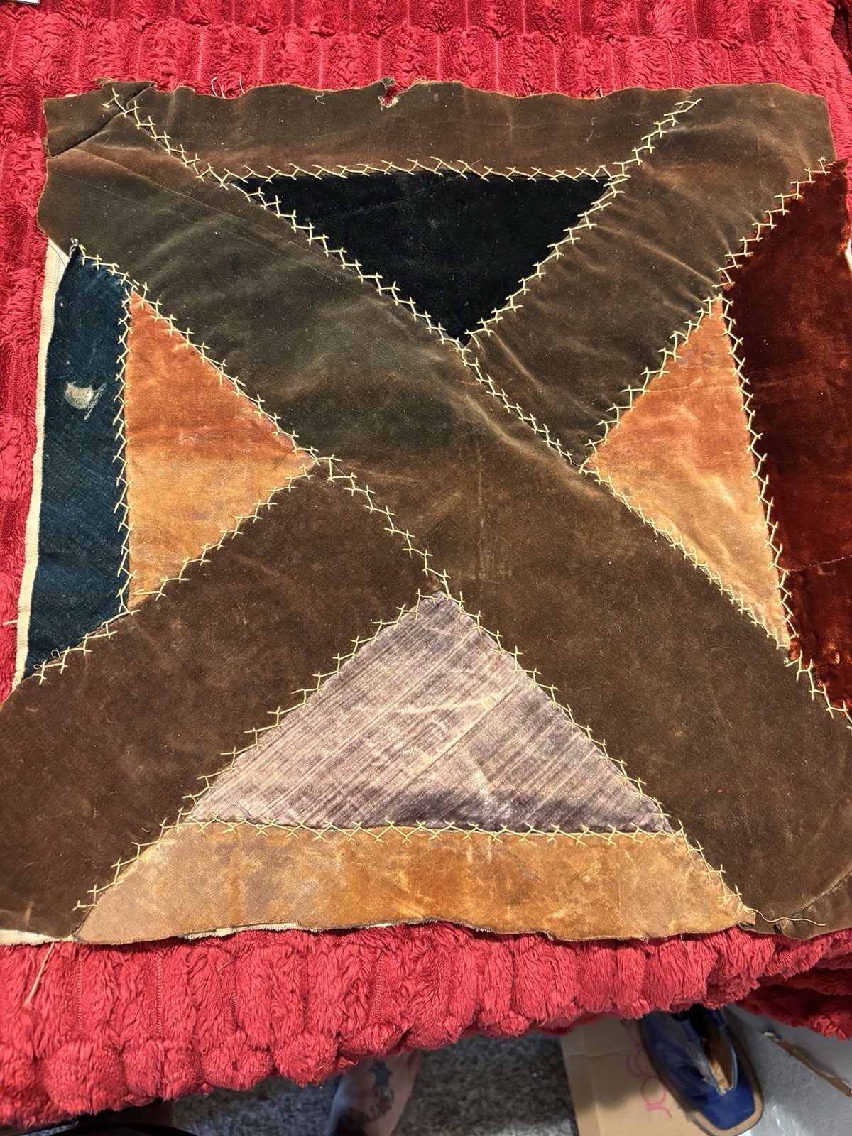VTG Victorian Velvet Unfinished Antique Quilted Square 17x17 As Is Textile Art VTG Victorian Velvet Unfinished Antique Quilted Square 17x17 As Is Textile Art