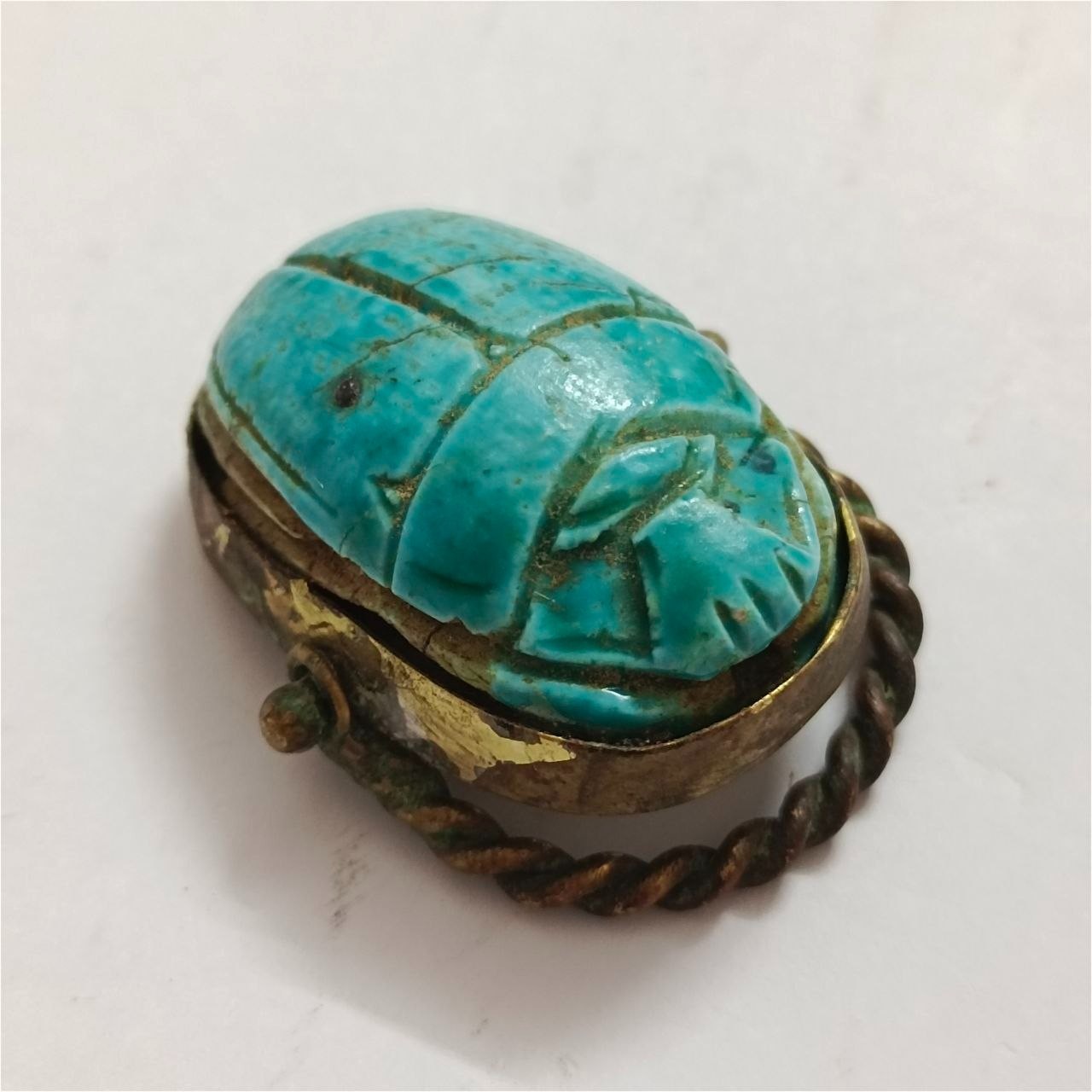 Egyptian Scarab Copper Ring with Faux Turquoise Stone Pharaoh Style Collectible