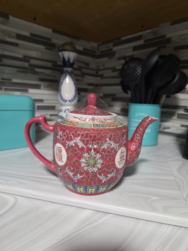 Vintage Chinese Pink / Red Famille Rose Tea Pot Porcelain Mun Shou Longevity