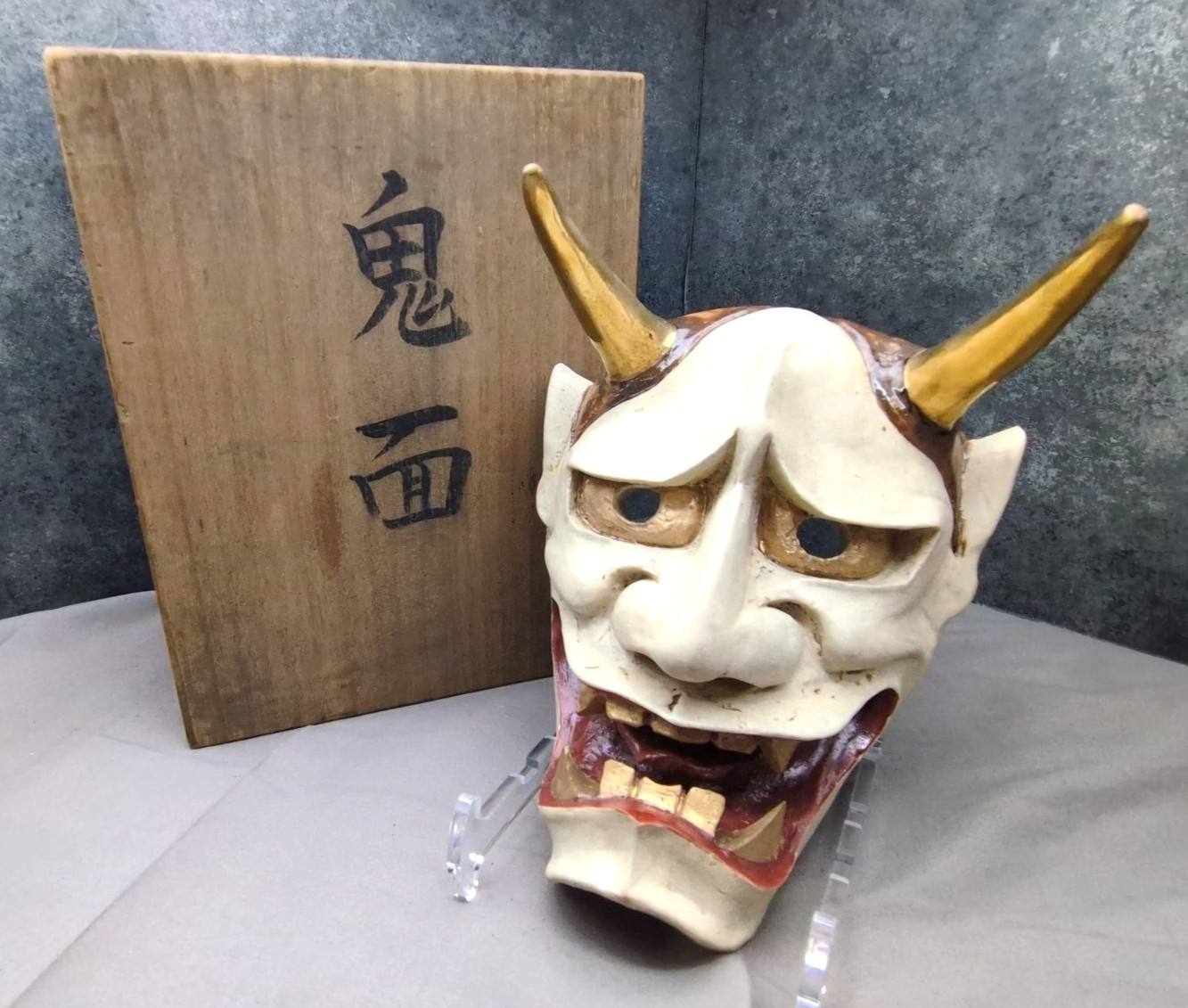 Japanese Vintage Pottery Kagura Noh Mask HANNYA 7.5×5.9inch 41.9oz With Wood Box