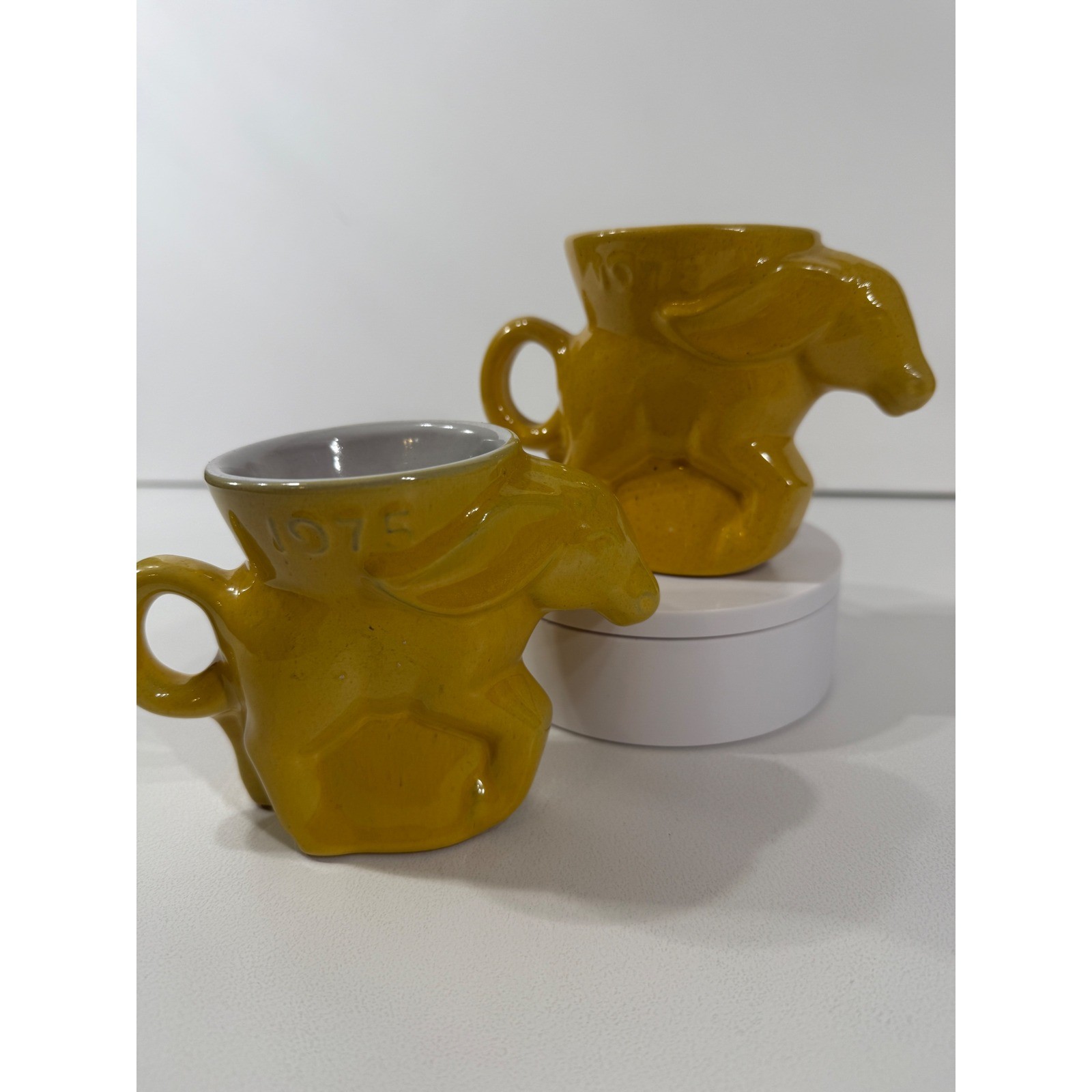 Frankoma Pottery 1975 Democratic Donkey Mugs Set of 2 Yellow Glaze DG05-739 Frankoma Pottery 1975 Democratic Donkey Mugs Set of 2 Yellow Glaze DG05-739