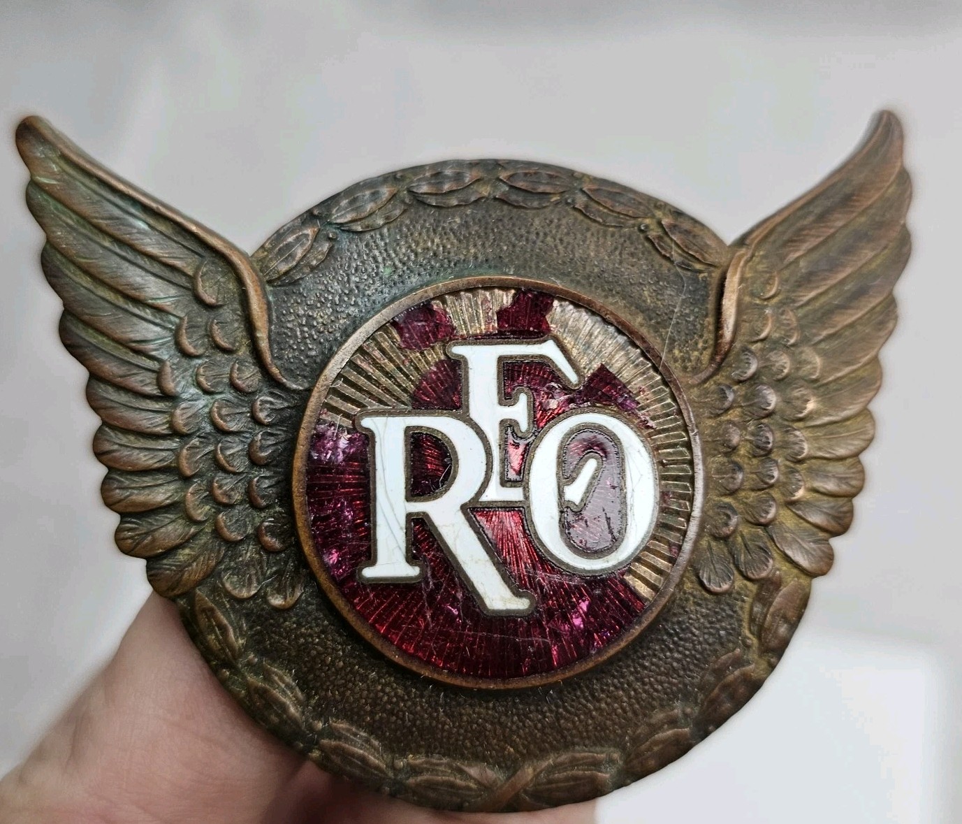 Vintage 1936 REO Flying Cloud Radiator Enamel Grill Emblem Badge Tag Sign Auto