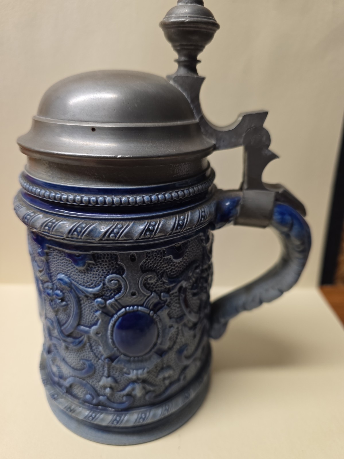 Vintage German Blue Salt-Glazed Beer Stein 320 Cobalt Ceramic Relief Lidded .5L