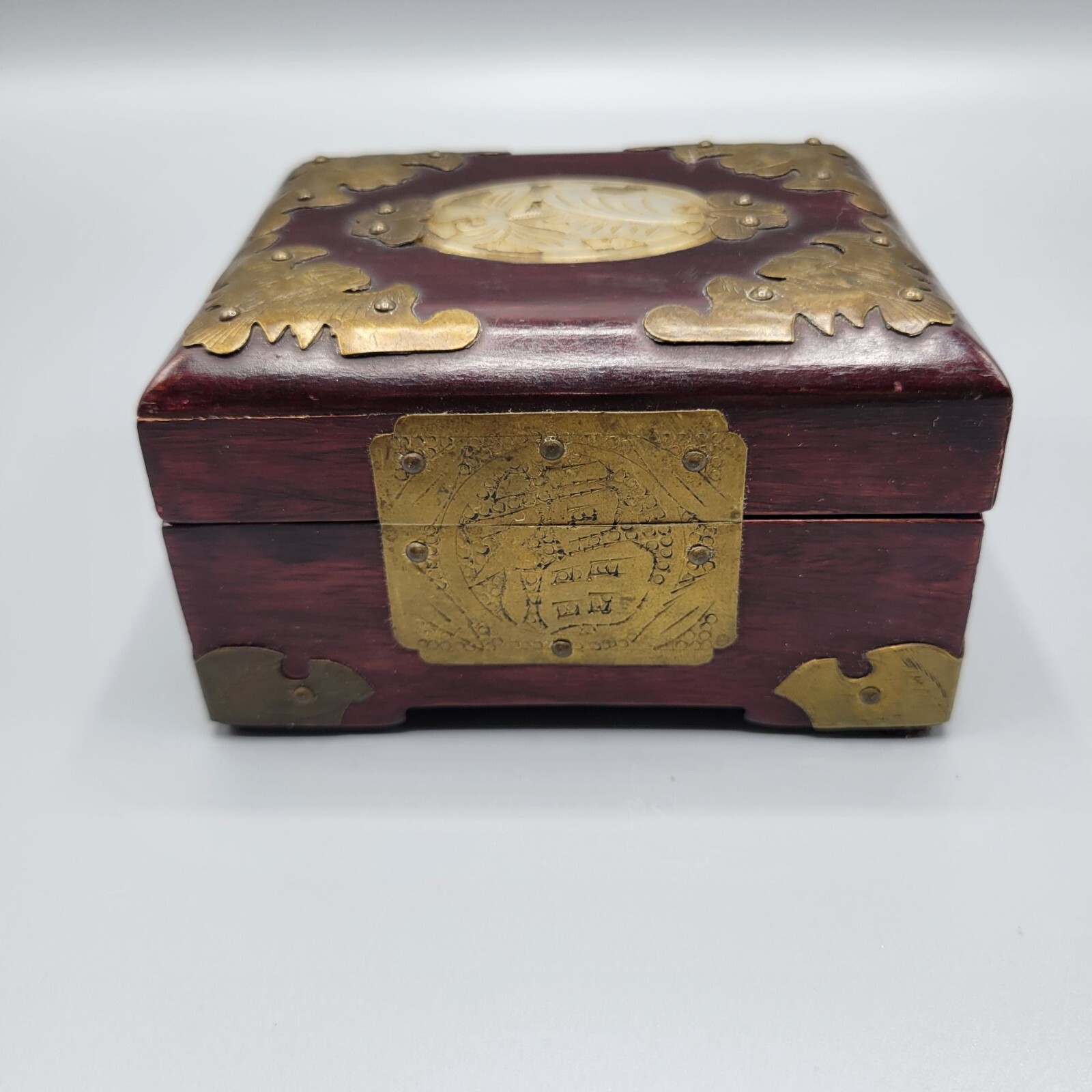 Vtg Chinese Wood Brass Carved White Jade Medallion Ornate Jewelry Box 4.25\