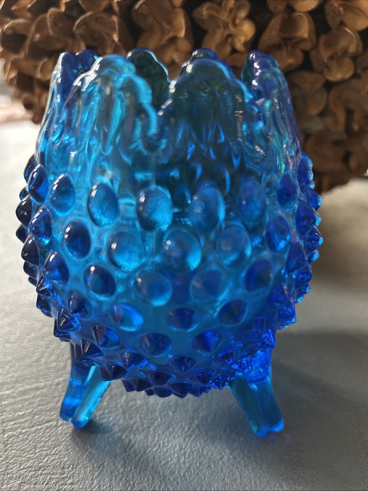 Fenton Colonial Blue Hobnail 3-Footed Egg-Shaped Vase with Crown Top 5\ Fenton Colonial Blue Hobnail 3-Footed Egg-Shaped Vase with Crown Top 5\