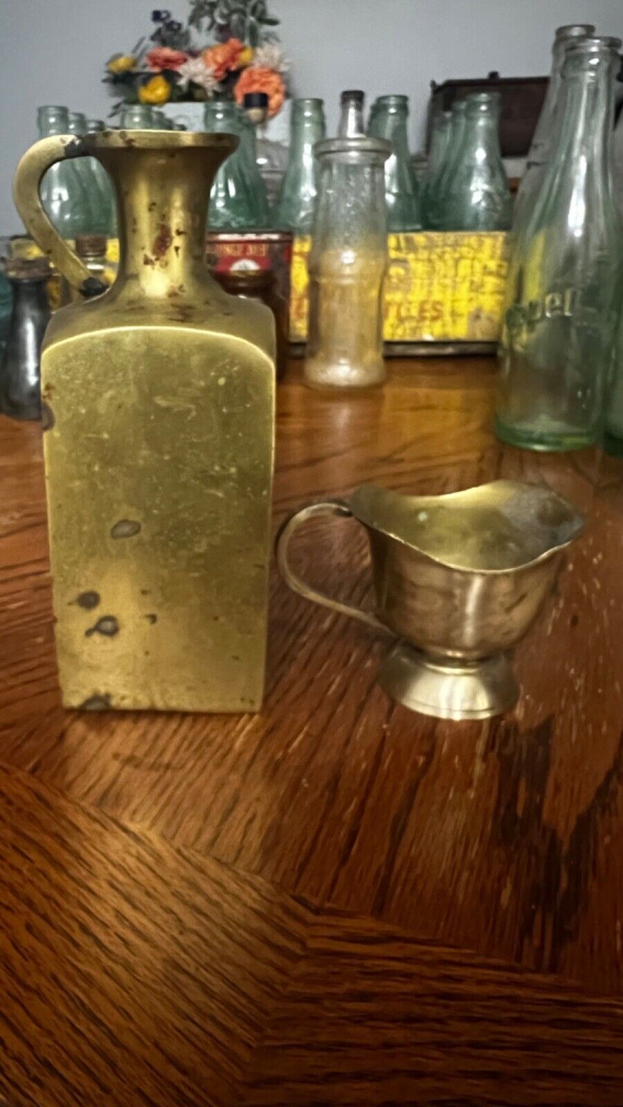 Vtg Brass Vase Jug Ewer w/ Handle Square Shape with Creamer Dish