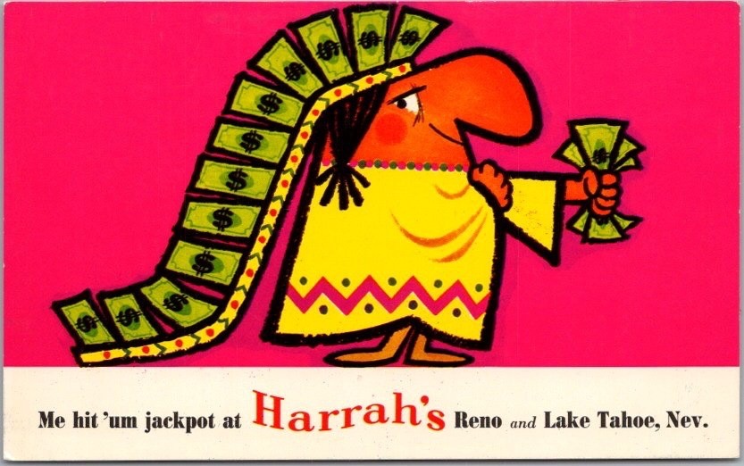 1960s HARRAH\'S CASINO Lake Tahoe & Reno Nevada Postcard -Indian / Cash Headdress