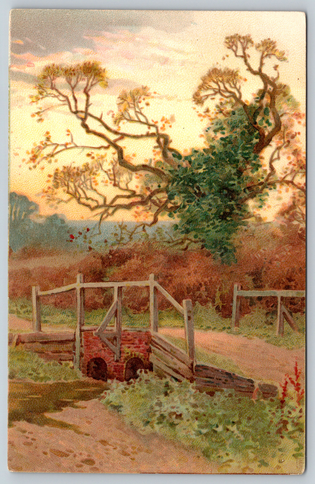 c1950s Art of Bridge with Creek Running Underneath Vintage Postcard