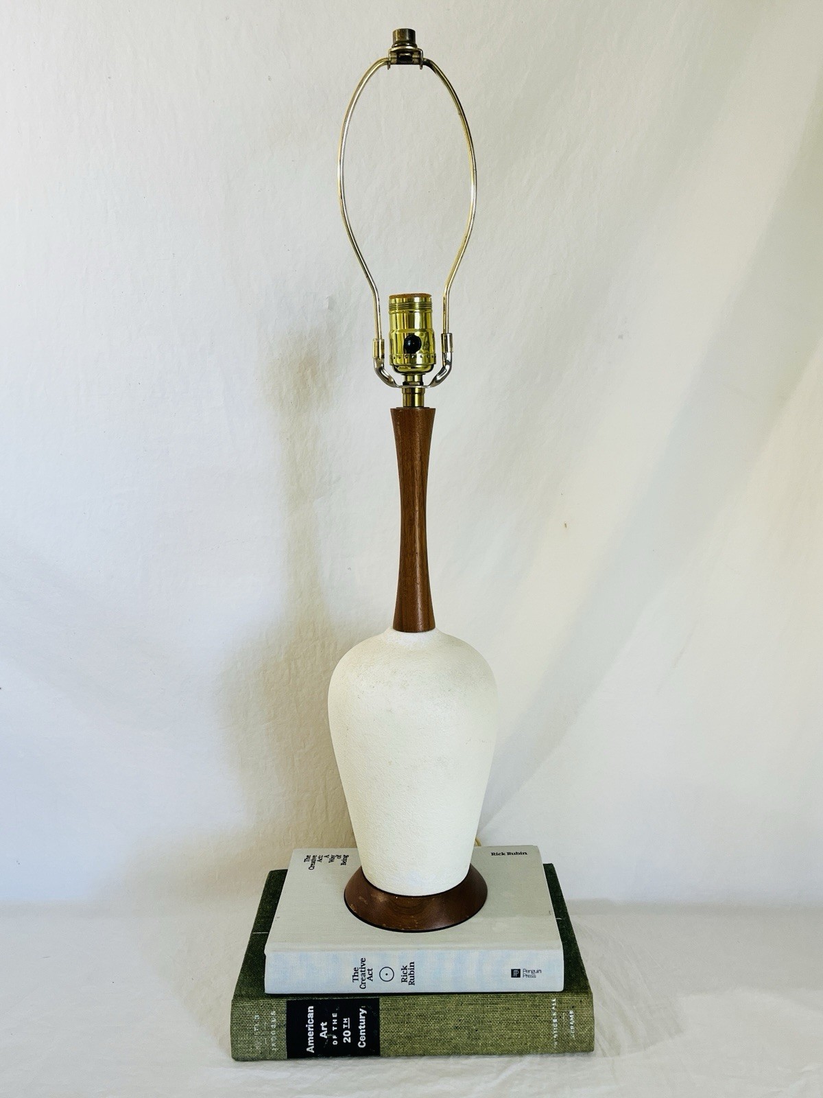 Vintage MCM Ceramic and Wood Lamp Cream Textured Finish Vintage MCM Ceramic and Wood Lamp Cream Textured Finish