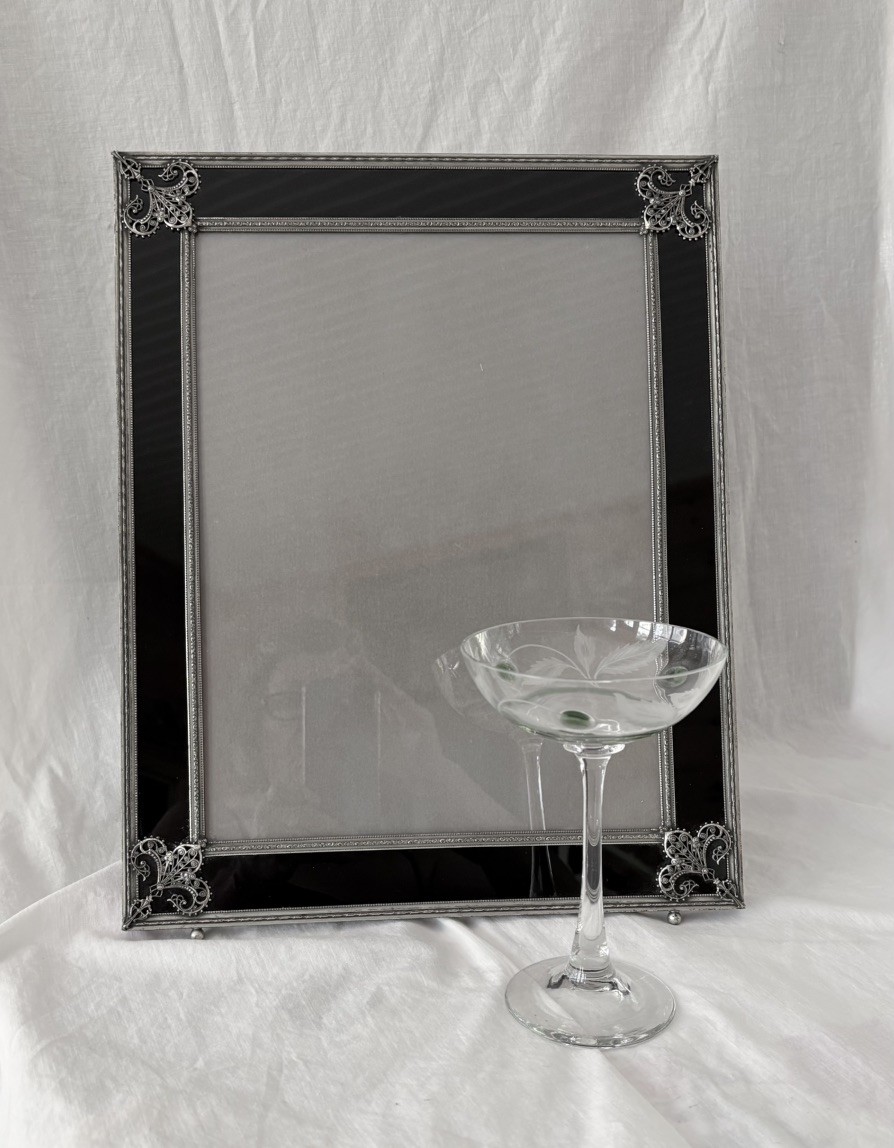 Lg Antique Art Deco Picture Frame Black Onyx Silver Filigree Easel Hanging 12x15