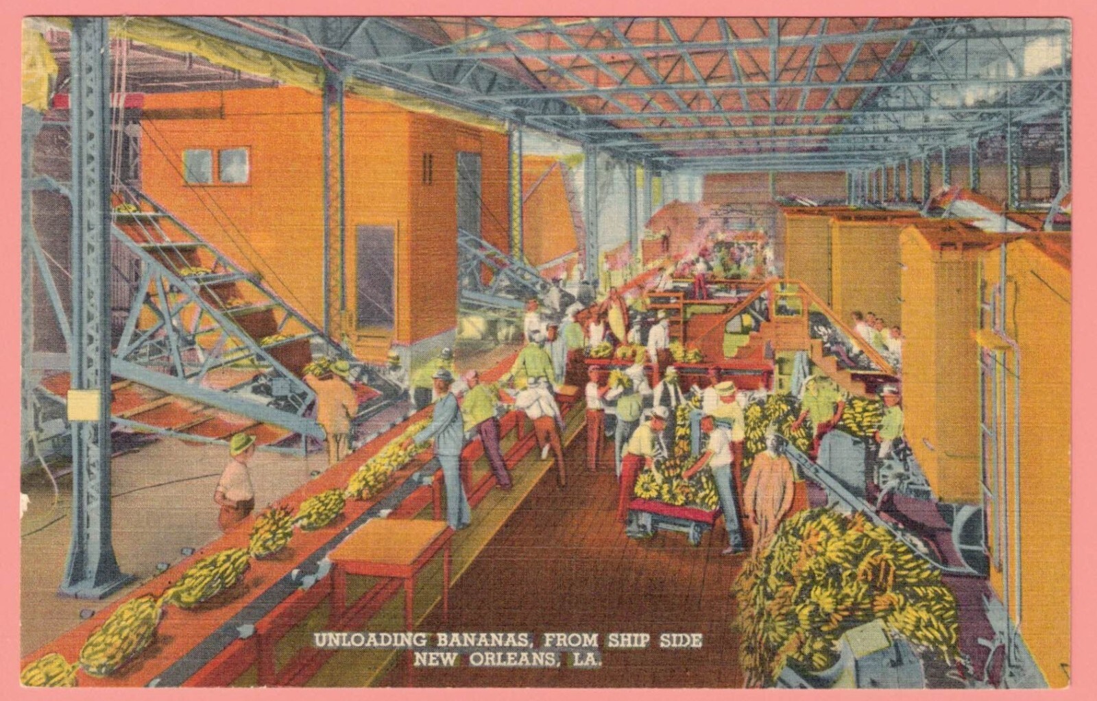 New Orleans LA-Louisiana, Unloading Bananas From Ship Side, Vintage Postcard