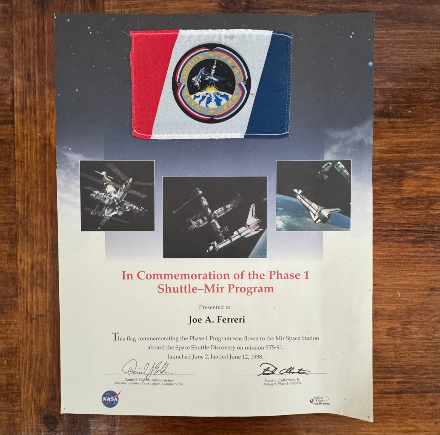 NASA STS-91 Flown Flag Shuttle-Mir Certificate Lot w/ George Abbey Letter 1998 NASA STS-91 Flown Flag Shuttle-Mir Certificate Lot w/ George Abbey Letter 1998
