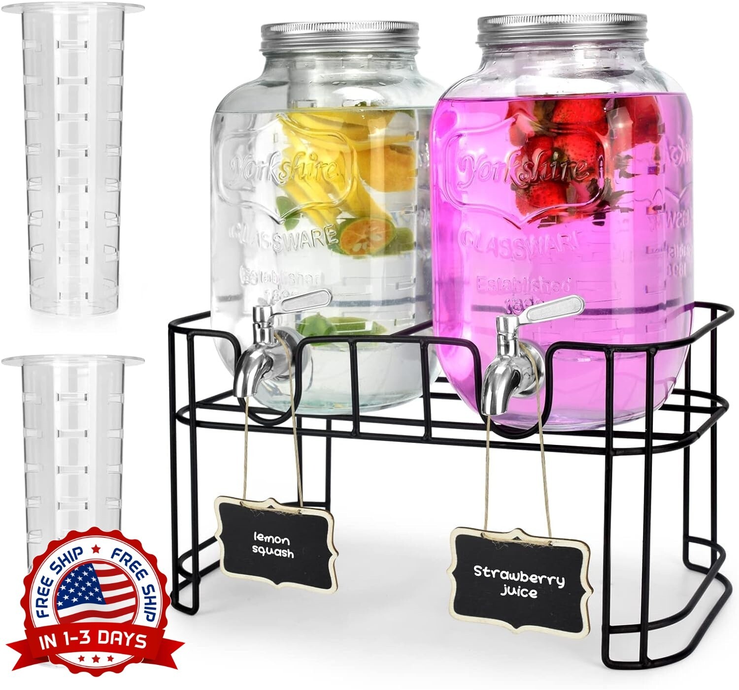 Dispensador de bebidas de vidrio de 1 galones con soporte Acero inoxidable 2PACK Dispensador de bebidas de vidrio de 1 galones con soporte Acero inoxidable 2PACK