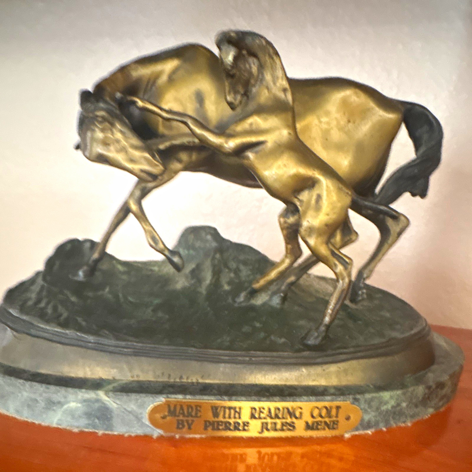 Mare With Rearing Colt Horse Metal Sculpture by Pierre Jules Mene, Gold/Black