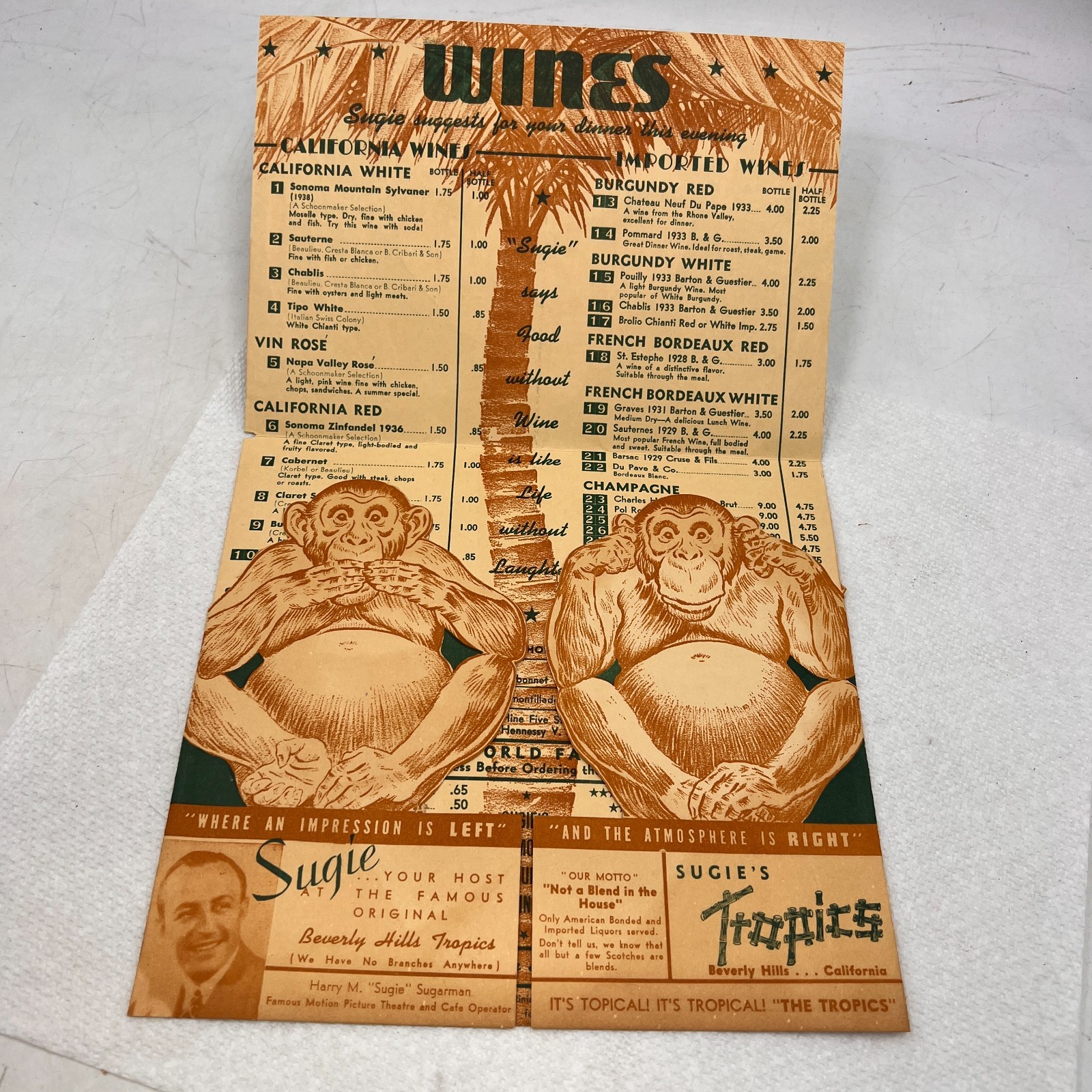 SUGIE’S ORIGINAL TROPICS VINTAGE COCKTAIL MENU TIKI BAR BEVERLY HILLS CA MONKEYS