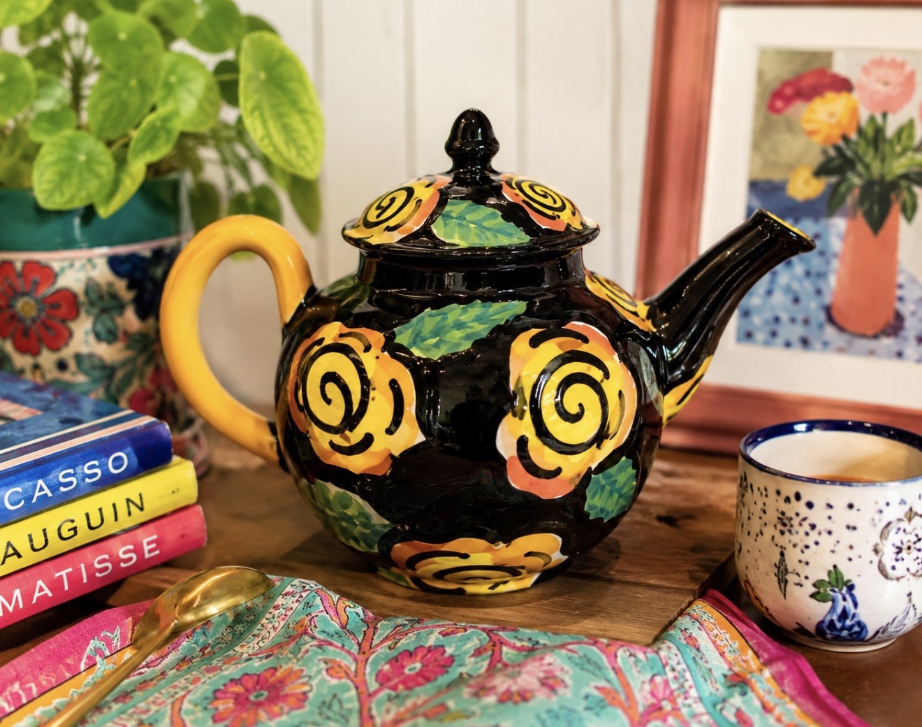Vintage Signed Studio Art Pottery Teapot Hand Painted Folk Art 